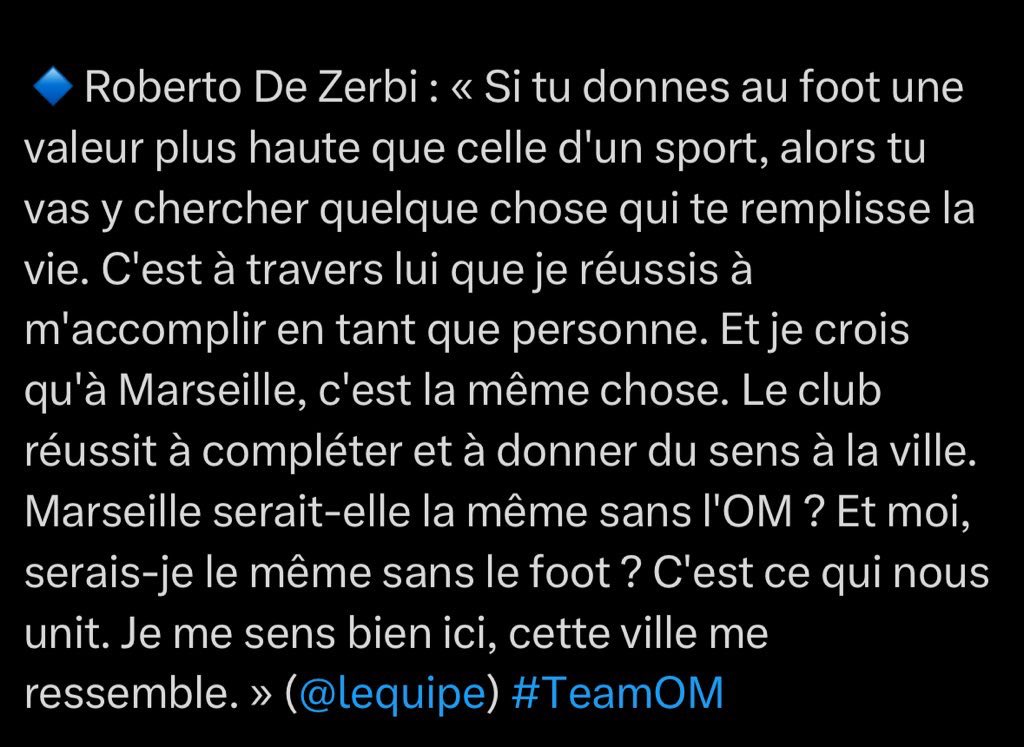 KillianB22's tweet image. Rappel : un club de foot, c’est d’abord et avant tout l’expression de sa ville. Épisode 161738.
Et à ce jeu là on ne dirige pas l’OM, on l’habite.
Qu’on aime ou pas le club, force est de constater que L’OM vient de trouver en De Zerbi un reflet fidèle de Marseille. 🔥