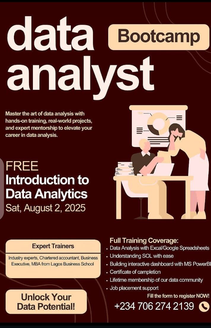 Bestjay2's tweet image. Hello #datafam Data analytics Bootcamp
Starting August 2nd 2025
Fill this link to register:forms.gle/1w19KLG6xHisp2…