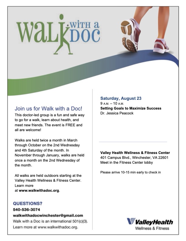 ShenUEIM's tweet photo. Dr. Jessica Peacock from the SU EXSC Department and Advisor to Exercise is Medicine on Campus, is leading the Walk with a Doc on August 23. Come out and learn more about how to set effective goals! https://t.co/FwbaQhET3P