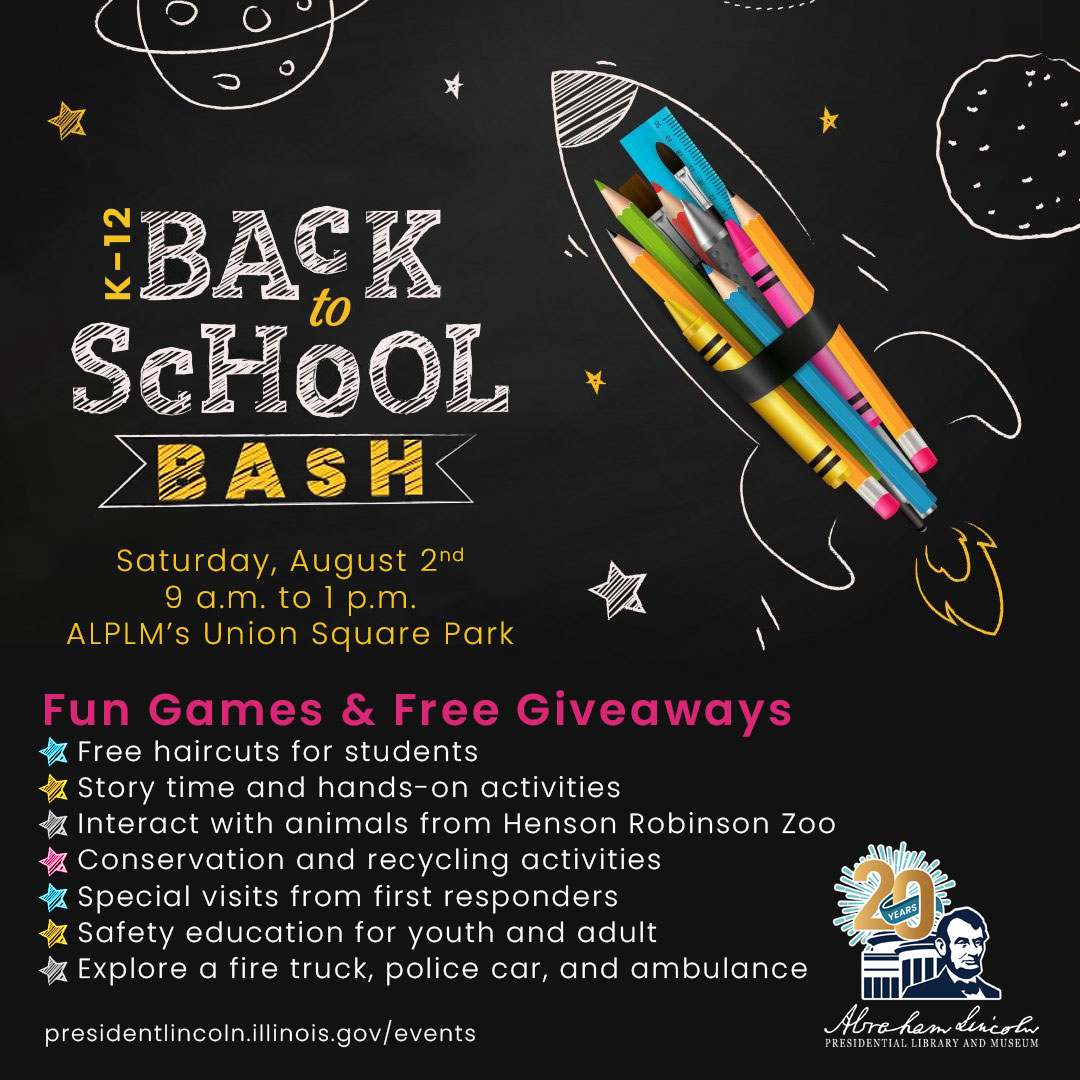 ALPLM's tweet image. 🎒📚 Ready to blast off into the school year? Join us for the #BackToSchoolBash at #ALPLM!
🗓️ Aug 2 | 9AM–1PM | Union Square Park
✂️ Free haircuts
🦁 Animal encounters
🚓 Emergency vehicles
📖 Story time & more!
👉 presidentlincoln.illinois.gov/events/
#SpringfieldIL #BackToSchool