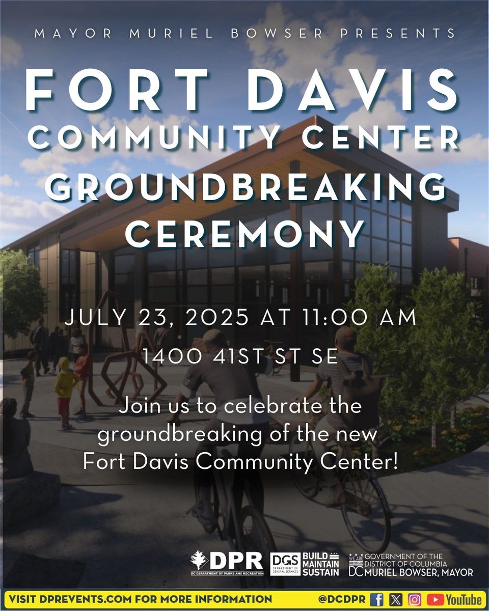 MayorBowser's tweet image. We're building a stronger DC by investing in community spaces for our residents. 🛝
Join us this Wednesday as we break ground on the new and improved Fort Davis Community Center—complete with an upgraded playground, splash pad, accessibility features, & more.
See you in Ward 7!