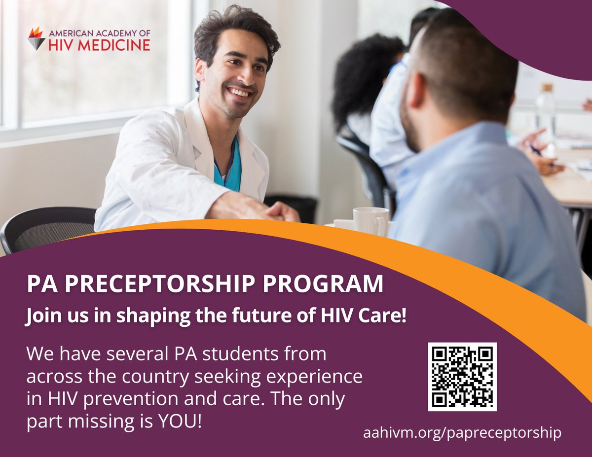 aahivmcomm's tweet image. PA students nationwide are seeking hands-on experience in #HIV prevention & care – and they need YOU! Become a preceptor and make a lasting impact.
Learn more at aahivm.org/papreceptorship or inquire at engagement@aahivm.org. 🩺📨
#MentorshipMatters #PAs #HIVCare #HIVPrevention
