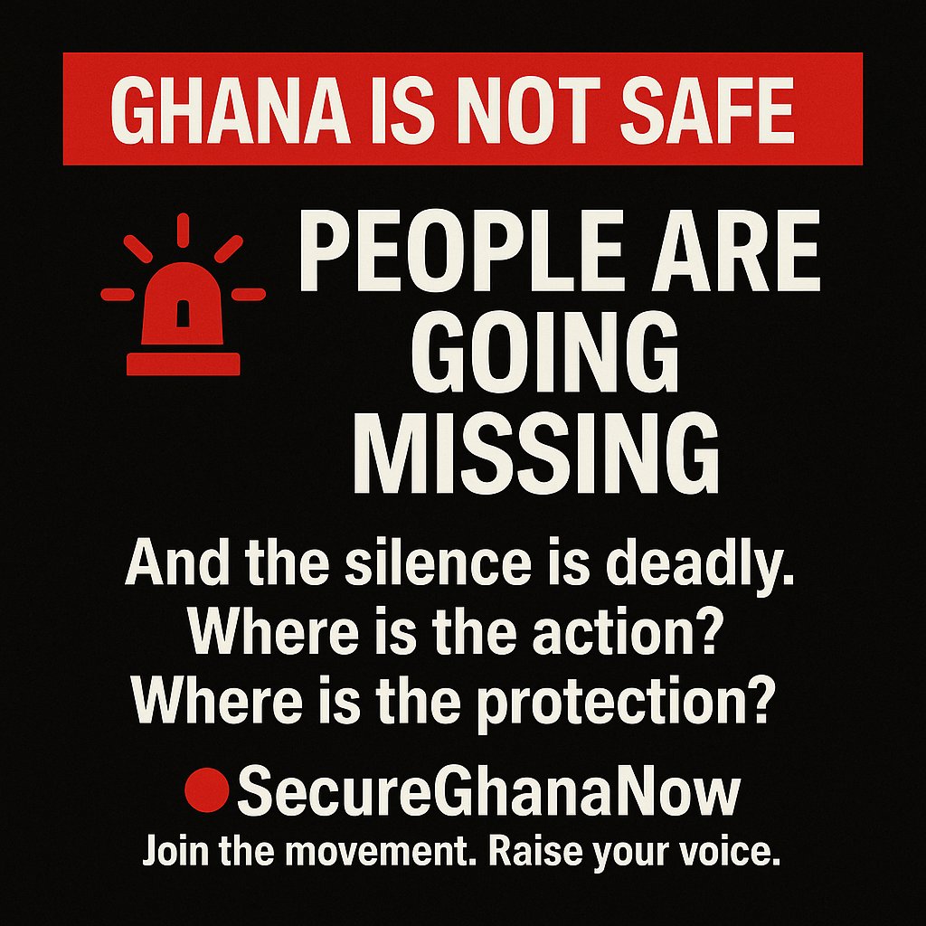 🚨 I’m officially launching a campaign to speak up about the growing insecurity in Ghana.
Too many are going missing and found dead. 
This is our campaign for safety, justice, and accountability.
Join me. Use the hashtag 👉🏾 #SecureGhanaNow
Let’s raise our voices. 🗣️✊🏾
