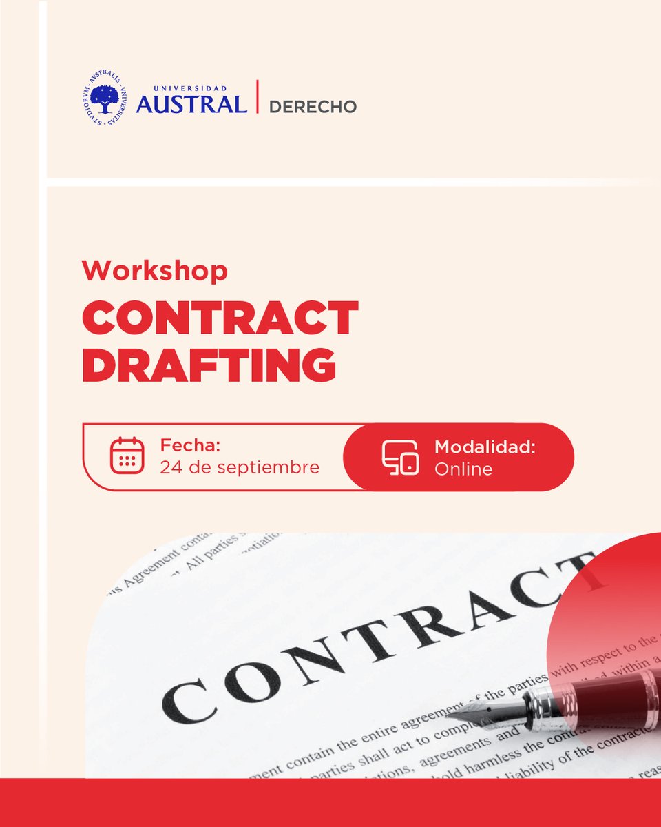 AustralDerecho's tweet image. ✍️ ¿Querés dominar la redacción de contratos en inglés aplicando estándares internacionales? ¡Este workshop es para vos!
Sumate a una nueva edición del 𝗪𝗼𝗿𝗸𝘀𝗵𝗼𝗽 𝗖𝗼𝗻𝘁𝗿𝗮𝗰𝘁 𝗗𝗿𝗮𝗳𝘁𝗶𝗻𝗴: una propuesta académica pensada para
🔗 👉 cuf4.short.gy/ma82HO