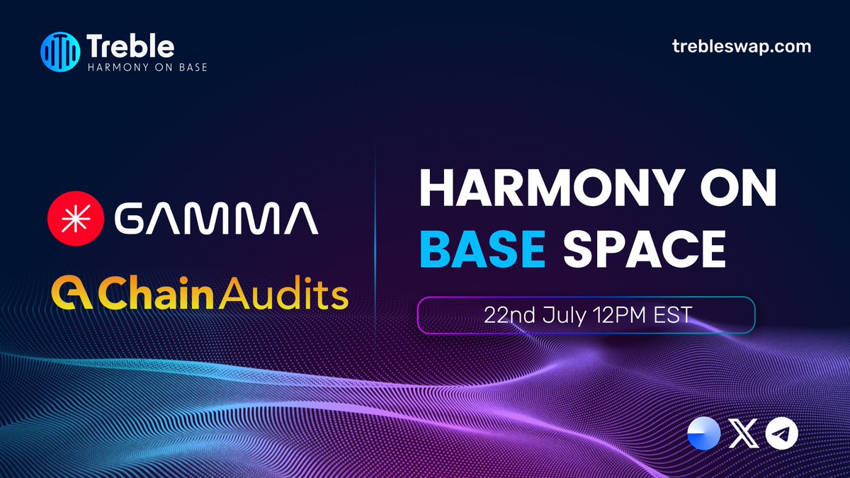 🎙 Harmony on Base is back!

We’re teaming up with <a href="/GammaStrategies/">Gamma</a> and <a href="/ChainAudits_io/">Chain Audits</a> to talk all about Treble’s current and upcoming pools, and the new updates shaping DeFi on <a href="/base/">Base</a>.

🗓️ Tuesday, 12PM EST
📍 x.com/i/spaces/1BdxY…

Set your reminders 🫡