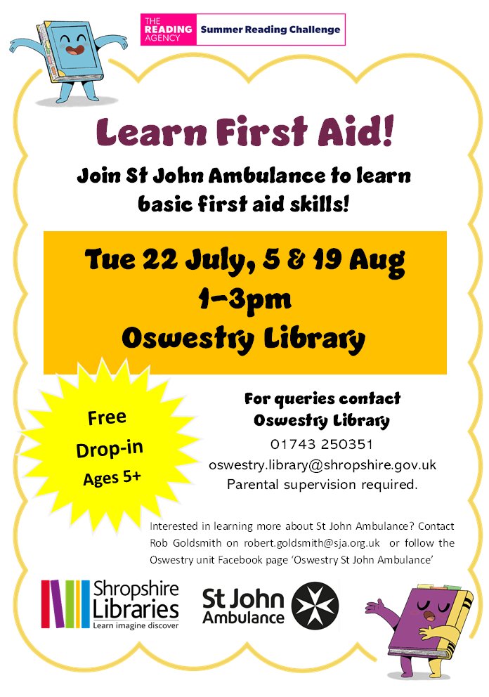 Oswestry Library (@oswestrylibrary) on Twitter photo 🚑 Join <a href="/SJAOswestryASU/">Oswestry St John Ambulance</a> in the library for demos on CPR, defibrillators and more! ℹ️
Tuesday
22 July
5 & 19 August
1-3pm
Free drop-in for all ages. Parental supervision required for children under 8.
#StoryGarden #SummerReadingChallenge 🚑 Join <a href="/SJAOswestryASU/">Oswestry St John Ambulance</a> in the library for demos on CPR, defibrillators and more! ℹ️
Tuesday
22 July
5 & 19 August
1-3pm
Free drop-in for all ages. Parental supervision required for children under 8.
#StoryGarden #SummerReadingChallenge