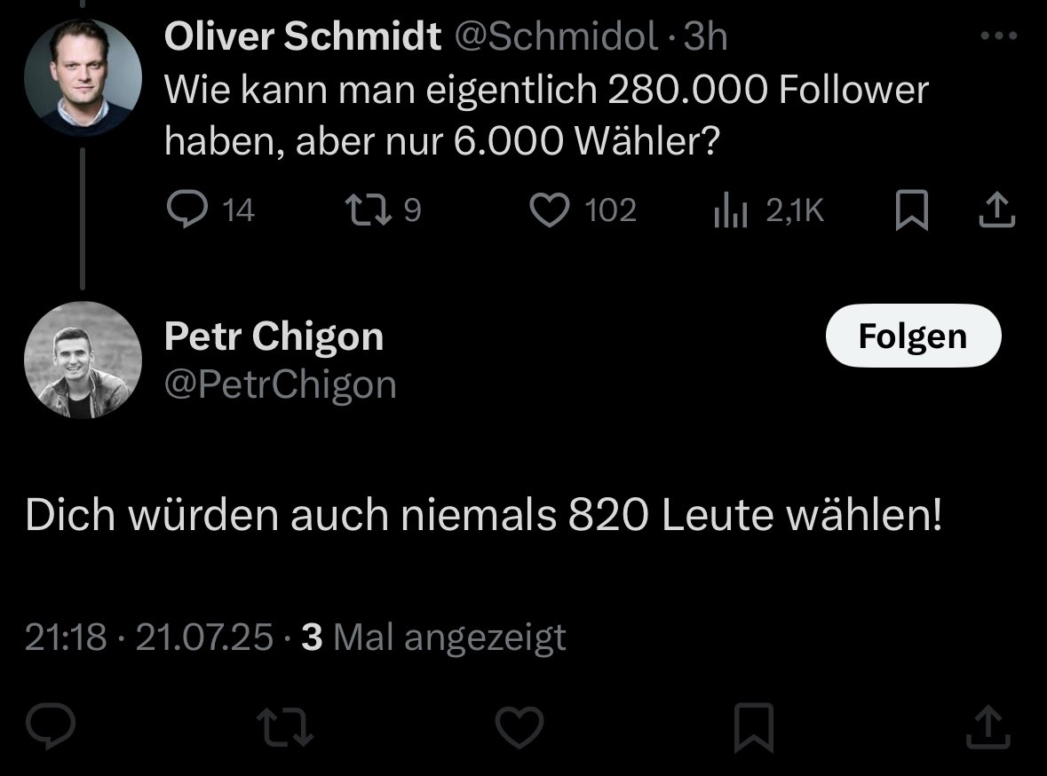 Schmidol's tweet image. Der „liberal-konservative“ @PetrChigon rotzt mir - sehr mittelmäßig - unter den Tweet und blockt danach direkt.
Feigheit und Unflätigkeit sind weder liberal noch konservativ, Petr. Dummheit auch nicht.