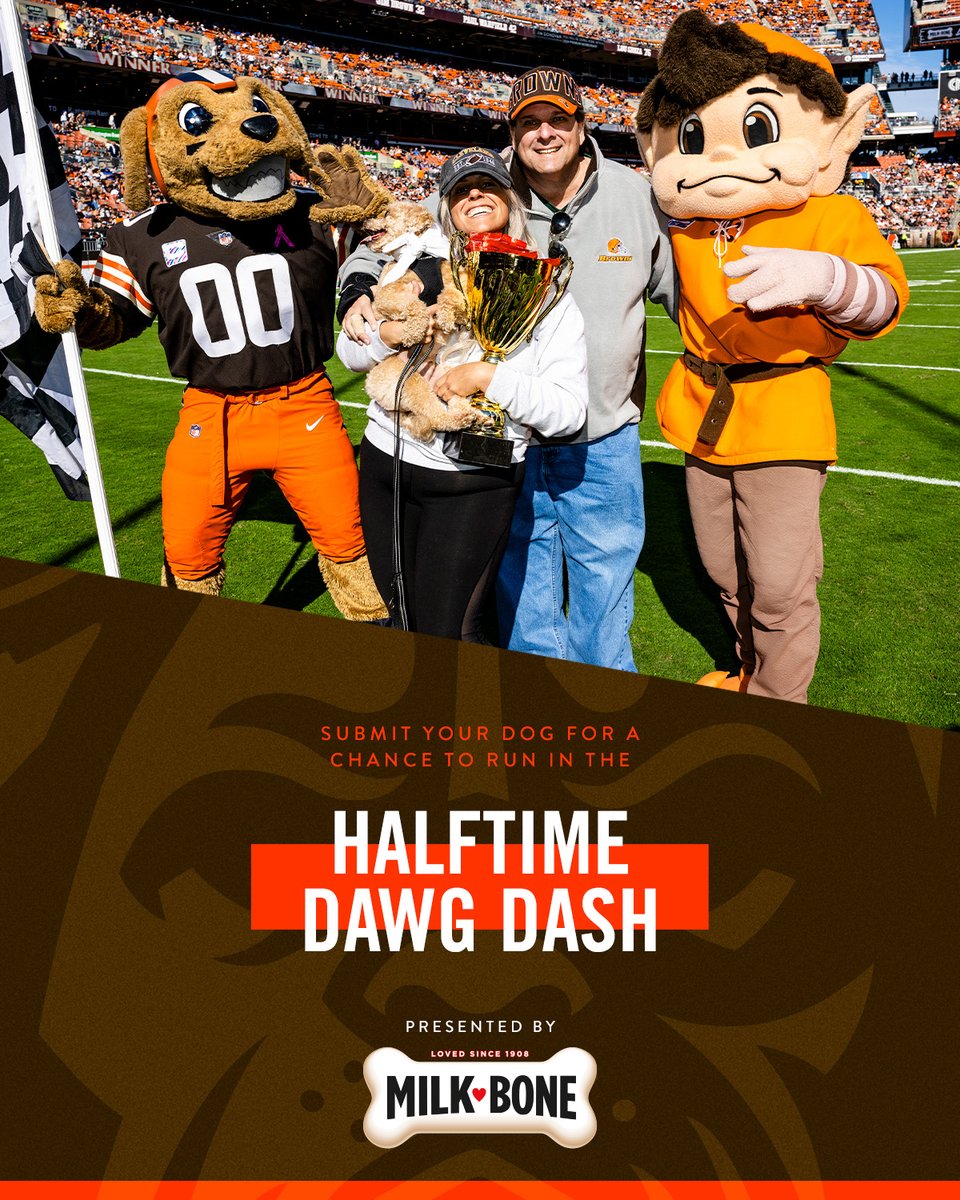 Browns's tweet image. Does your pup have what it takes to bring home the grand prize?
Enter for a chance to see them in our halftime Dawg Dash ➡️ brow.nz/60a55e