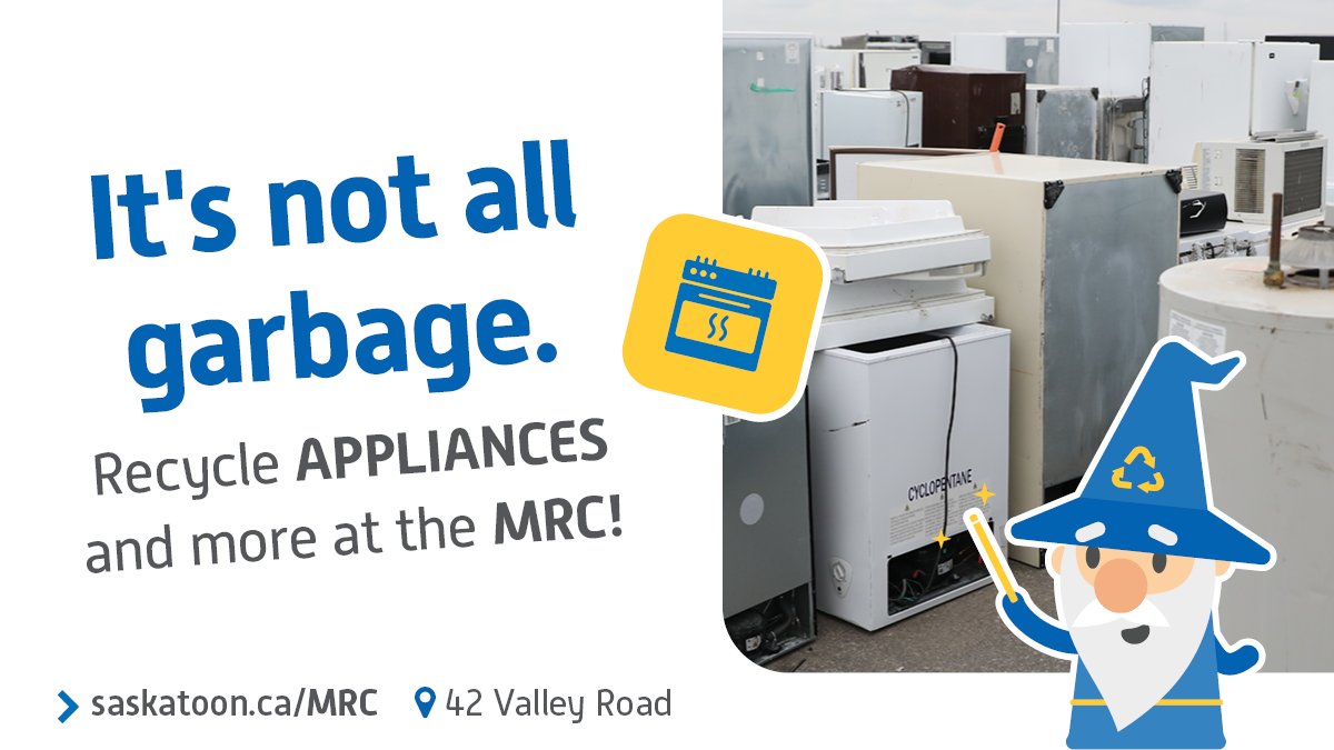 Old appliances don’t belong in the landfill. Whether it’s a toaster or a fridge, the Material Recovery Centre (MRC) can help you recycle it properly. ♻️

Give your old appliances a second life through proper recycling.

➡️ Learn more at saskatoon.ca/MRC