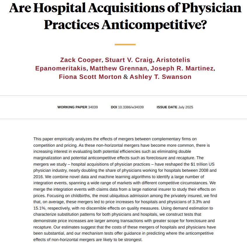 nberpubs's tweet image. Like other industries, "complements" are merging in healthcare. Most physicians are now hospital employees. Associated prices increase with measures of foreclosure and recapture, from @zackcooperYale, @stuartcraig, Aristotelis Epanomeritakis, @matthewgrennan, Joseph R. Martinez,…