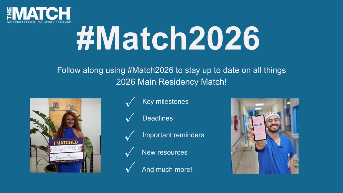 TheNRMP's tweet image. If you will be a participant in the 2026 Main Residency Match, give us a follow on social media and use the #Match2026 hashtag to keep up with all things Match!
#MedStudent #IMG #MedSchool #Residency #MedEd