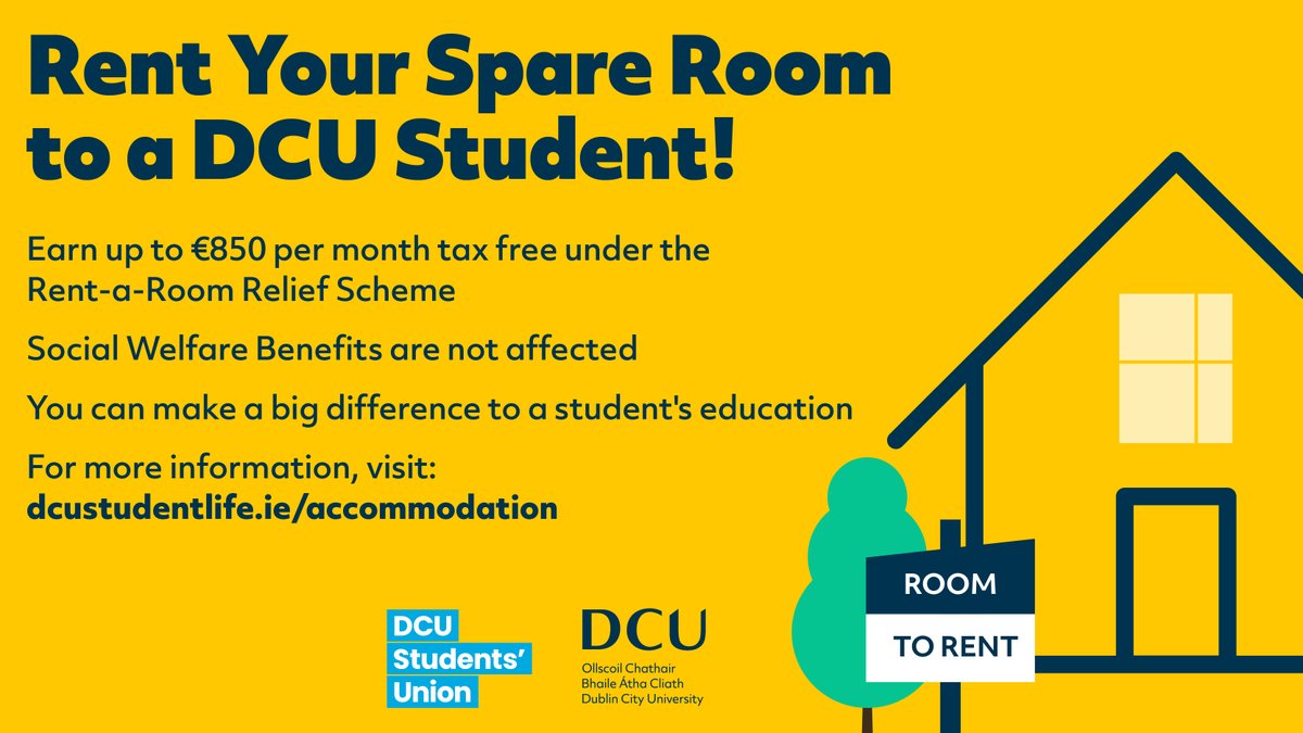 DCU's tweet image. Are you interested in a renting a room to a DCU student? You can earn up to €850 per month tax free under the 'Rent A Room' scheme. @DCUSU will be hosting an online information session tomorrow, Tuesday, July 22nd.
You can register for the session here: launch.dcu.ie/3TG4o8F