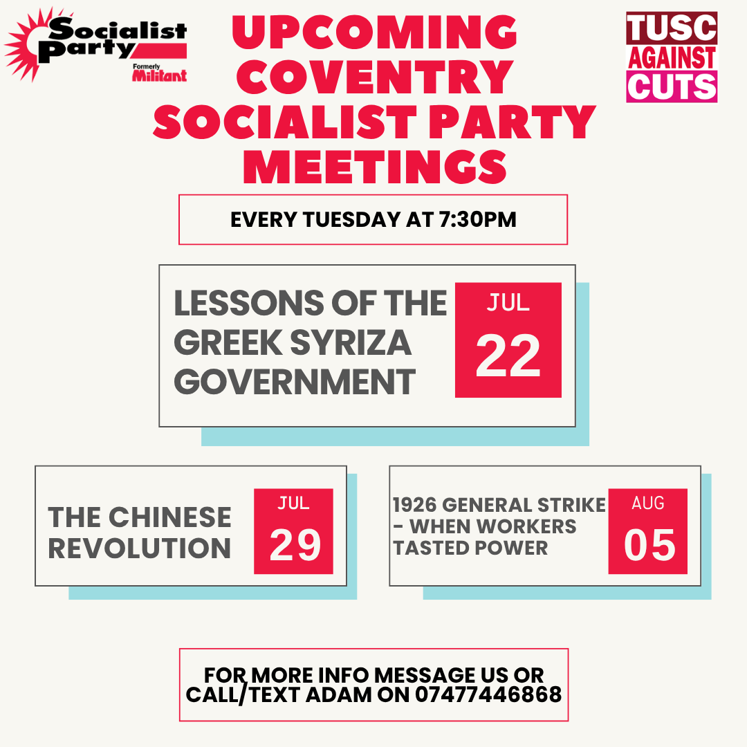 CovSocialists's tweet image. Hundreds of trade unionists and socialists just met to discuss the need for a new working-class party.
At our meeting tomorrow, we'll be looking at the important lessons for socialists of the SYRIZA government that won power in Greece in 2015.
Want to come along? Get in touch!
