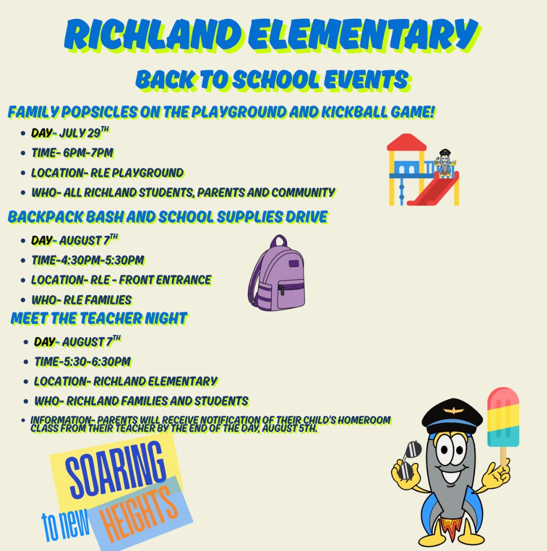 📣We’ve got some super fun events coming up at RLE to kick off the school year! 📣 Join us for another Popsicles on the Playground, a Kickball Game, our Backpack Bash &amp; School Supplies Drive, and of course, Meet the Teacher Night! 📚🎒⚽️🍧 Check out the flyer for all the