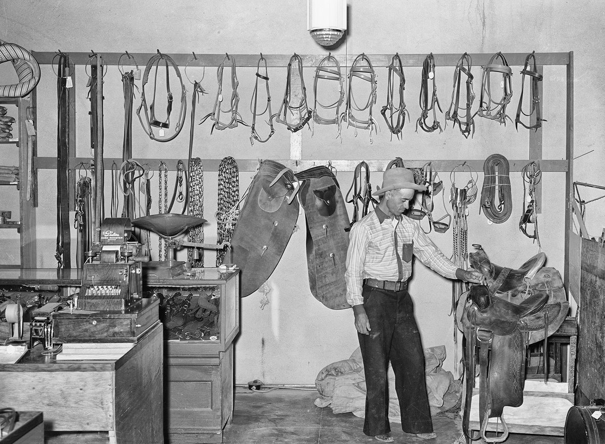 TracesofTexas's tweet image. A cowboy shops for saddles in a saddle shop in Alpine, 1939. I think Russell Lee, who took the photo, had a fascination with saddles. He took dozens of photos of saddles, saddle makers, folks shopping for saddles etc ... Maybe, like so many people, he always wanted to be a…