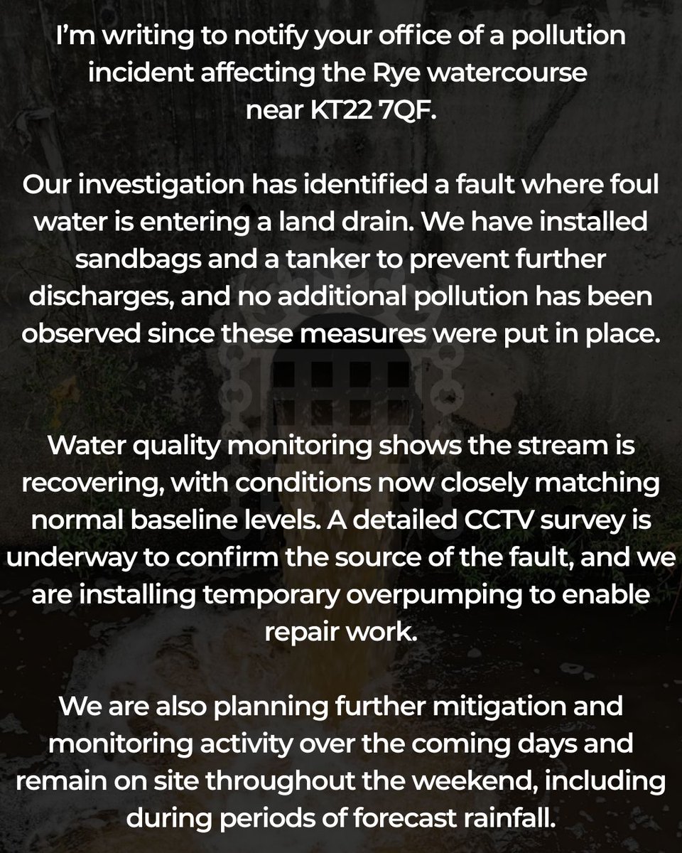 helenmaguiremp's tweet image. Incredibly concerned to receive this communication from @thameswater about yet another pollution incident in Leatherhead.
This is what happens when you line execs pockets with bonuses and spend water customers' bills on servicing a mountain of debt, rather than investing in…