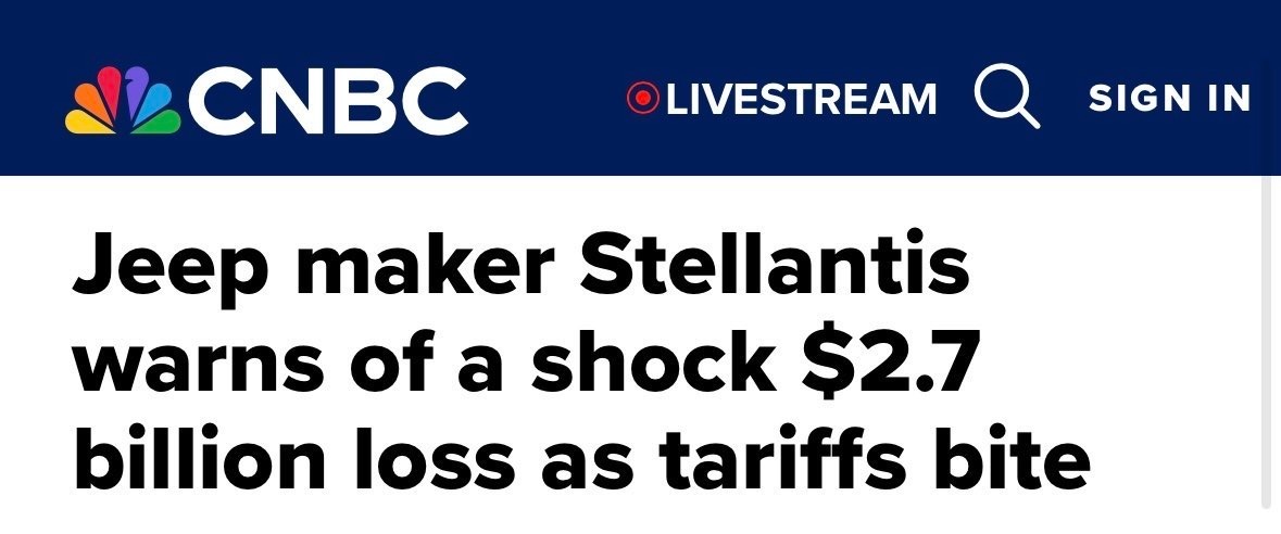 marctshort's tweet image. Stellantis just warned of a $2.7B loss—blaming early fallout from U.S. tariffs.
Shipments down. Costs up. And this is just the beginning.
Tariffs are hurting the very industries they are advertised as helping.
cnbc.com/2025/07/21/ste…