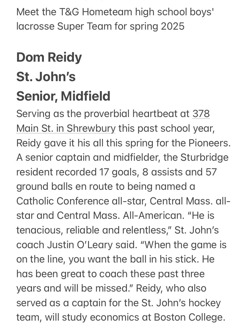 Saint John's Lax (@sjhslacrosse) on Twitter photo Congrats to Dom Reidy on being named to the T&G Lacrosse Super Team! <a href="/SJHS_PioneersAD/">Saint John's HS Athletics</a> Congrats to Dom Reidy on being named to the T&G Lacrosse Super Team! <a href="/SJHS_PioneersAD/">Saint John's HS Athletics</a>