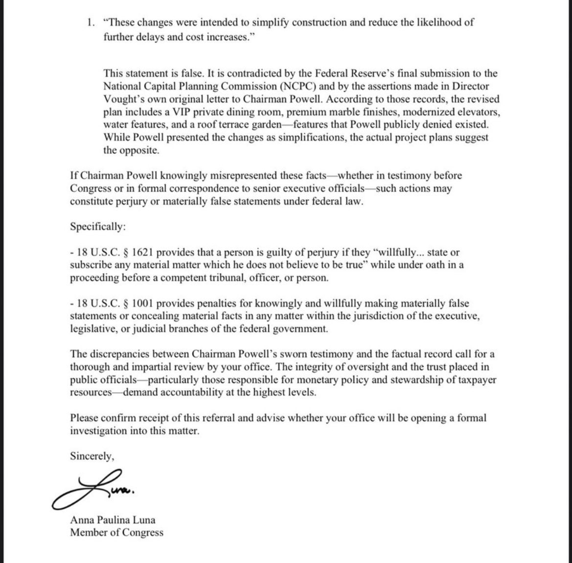 sentdefender's tweet image. Republican Rep. Anna Paulina Luna has formally referred the Chair of the Federal Reserve, Jerome Powell, to the Department of Justice for lying under oath (perjury), in relation to statements he made to the U.S. Senate Committee on Banking, Housing, and Urban Affairs as well as…