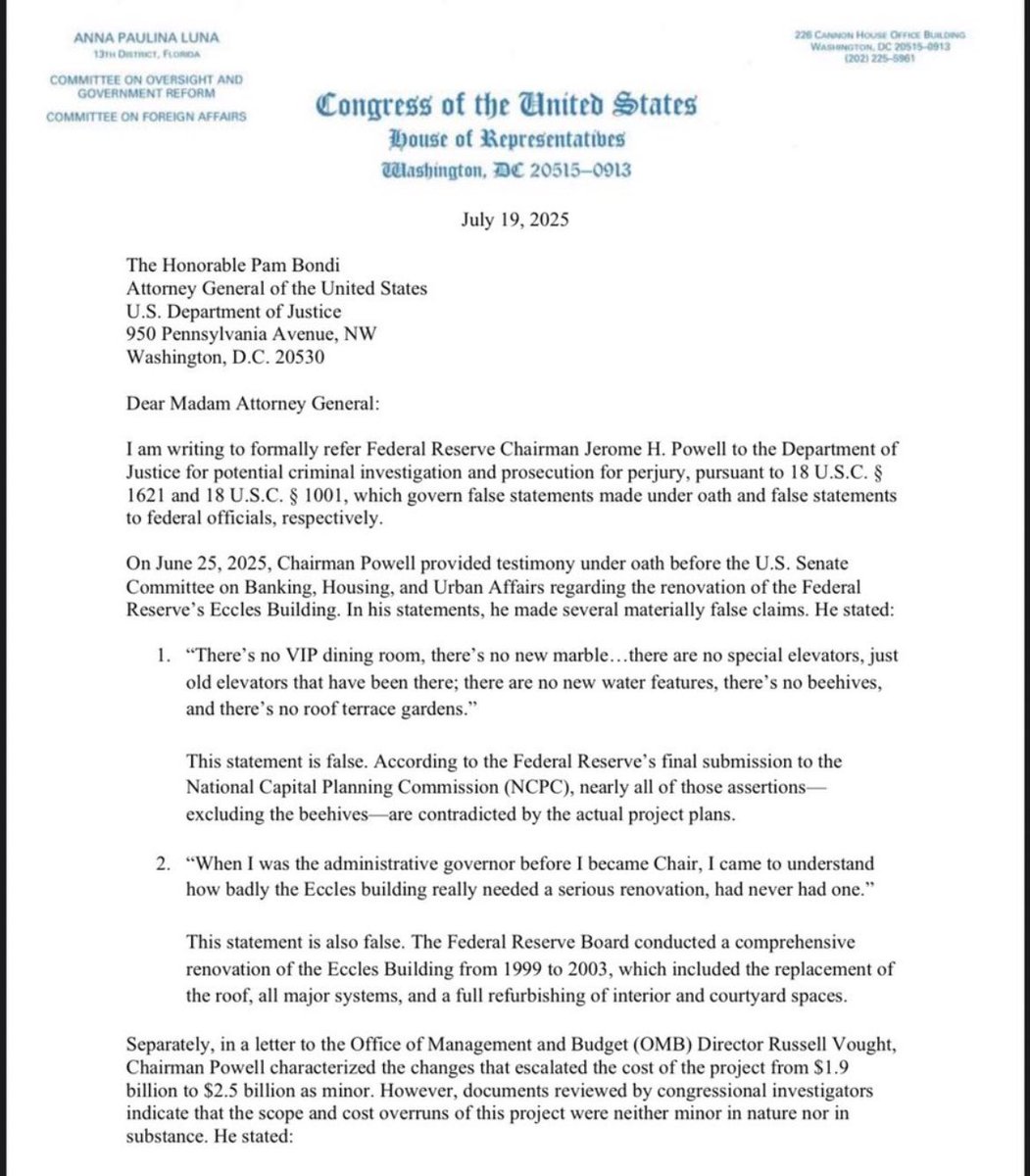 sentdefender's tweet image. Republican Rep. Anna Paulina Luna has formally referred the Chair of the Federal Reserve, Jerome Powell, to the Department of Justice for lying under oath (perjury), in relation to statements he made to the U.S. Senate Committee on Banking, Housing, and Urban Affairs as well as…