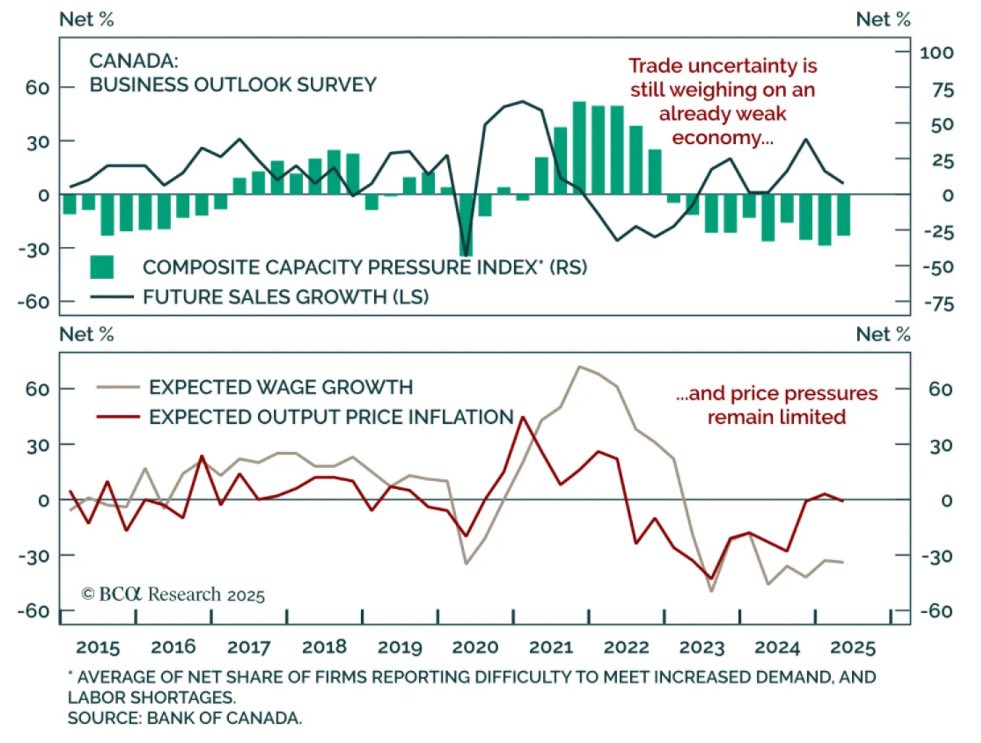 felixavp's tweet image. 🇨🇦 BOS showed weak sentiment with subdued hiring/investment plans, and contained inflation pressures, reinforcing the case for deeper BoC cuts.
With firm CAD and rising yields tightening FCIs, we stay overweight CGBs. A CAD 5s10s steepener is a clean way to position.