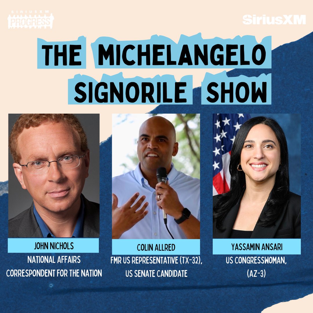 SiriusXMProg's tweet image. ‼️ On today's @MSignorile Show ‼️
@NicholsUprising of @thenation
@RepColinAllred
@RepYassAnsari
🔊Listen Here:
siriusxm.us/Signorile
Give us your calls at: 866-997-4748
siriusxm.us/Progress