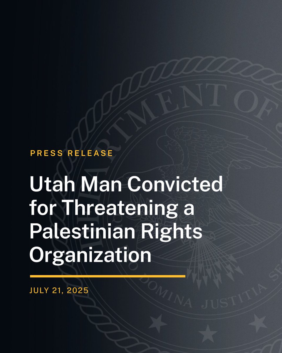 CivilRights's tweet image. Utah Man Convicted for Threatening a Palestinian Rights Organization
🔗: justice.gov/opa/pr/utah-ma…