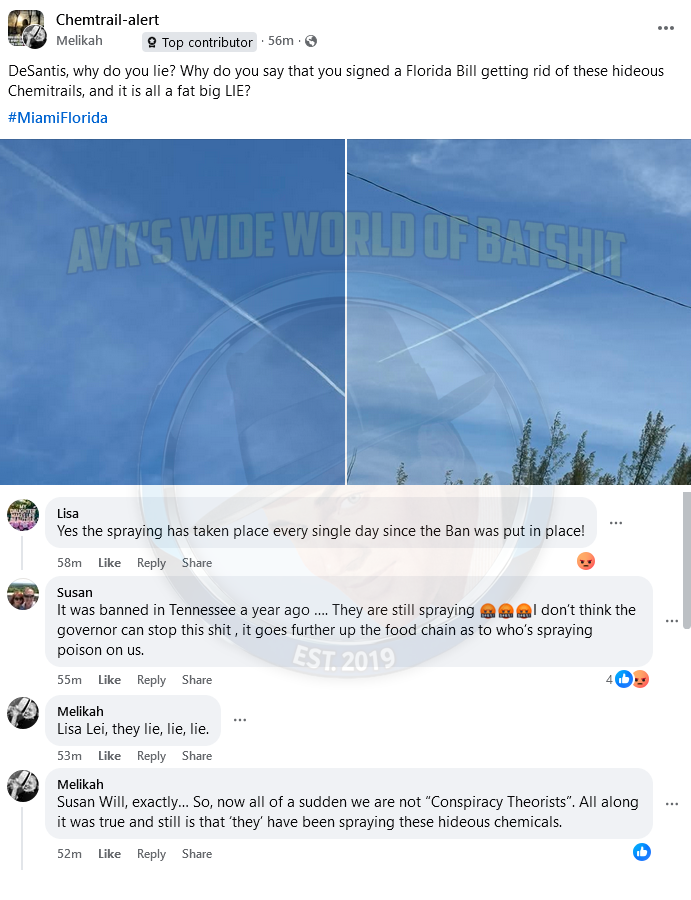VaxxersAnti's tweet image. Anti-Chemites furious that the anti-chemtrail laws in Tennessee and Florida aren't stopping chemtrails.
Weird, huh?
#chemtrails #WeatherModification
