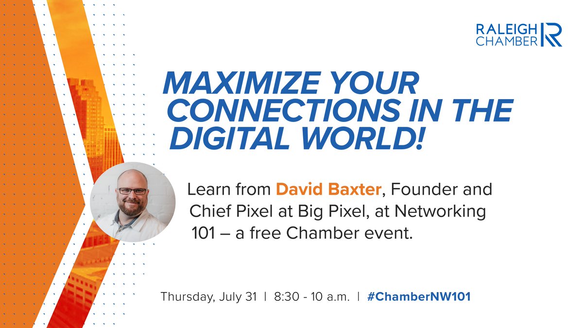 raleighchamber's tweet image. Networking in 2024 = Digital + Strategy
Don't miss our members-only session with @DavidBBaxter from @BigPixelNC on 7/31. Time to modernize your connection-building approach! Register now for #ChamberNW101: bit.ly/4ko3MQ2