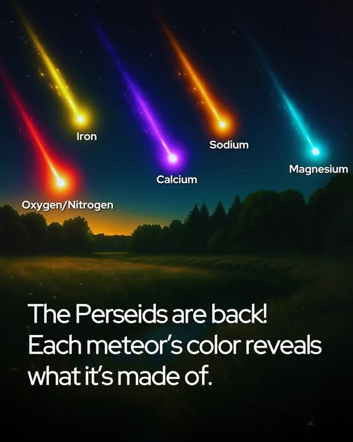 Diamondthedave's tweet image. The Perseids are back – and every color tells us what they're made of!
Every summer, Earth drifts through the dusty trail of Comet Swift-Tuttle – and the result is one of the most spectacular meteor showers of the year: the Perseids.
Peaking in mid-August and active right now,…