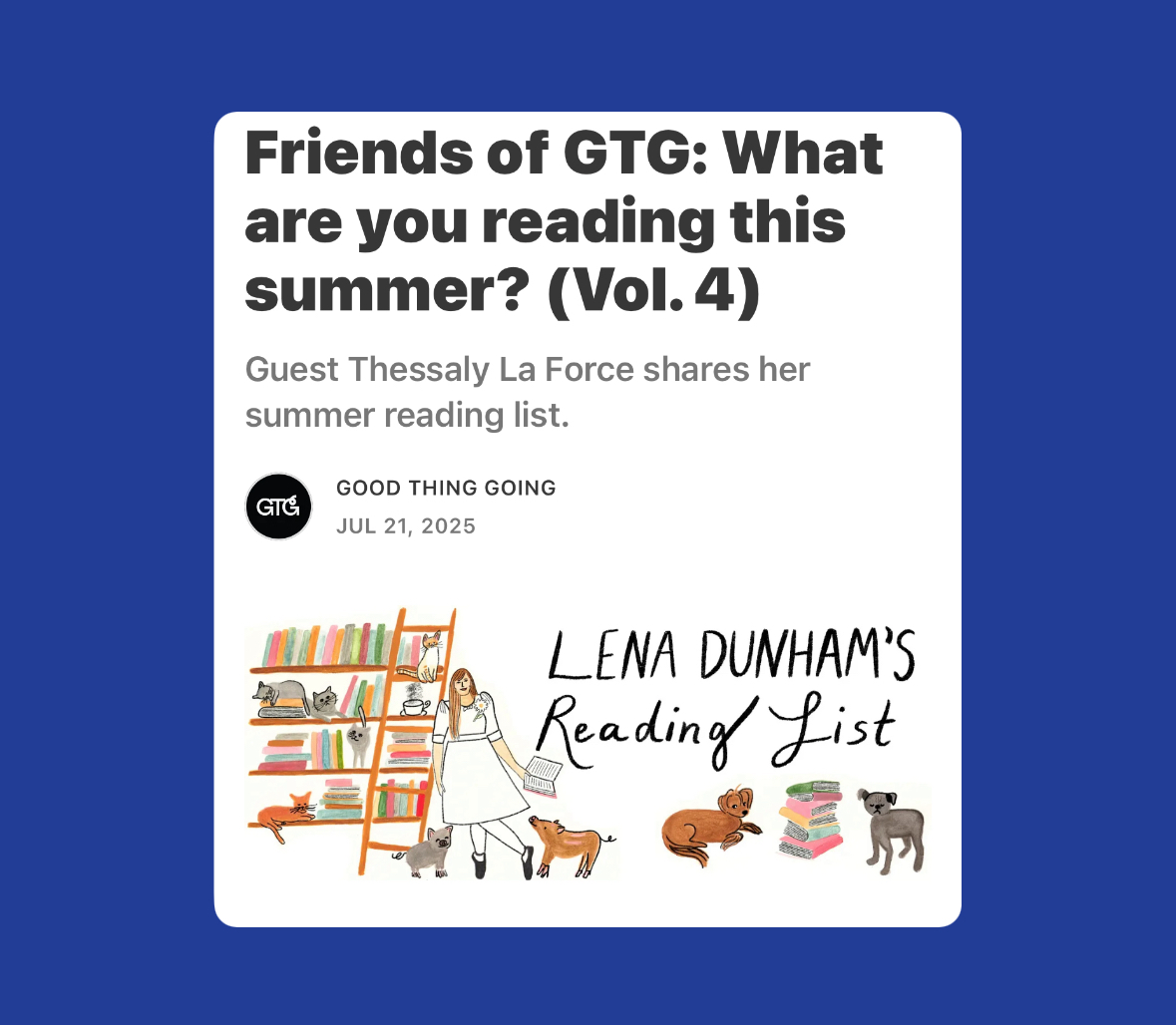 JoylandPub's tweet image. Thank you to Thessaly La Force (@Thessaly) for sharing INFORMATION AGE by Cora Lewis as part of her summer reading list in Lena Dunham's Substack, Good Thing Going. La Force calls INFORMATION AGE "A charming, sensual novella."
goodthinggoing.substack.com