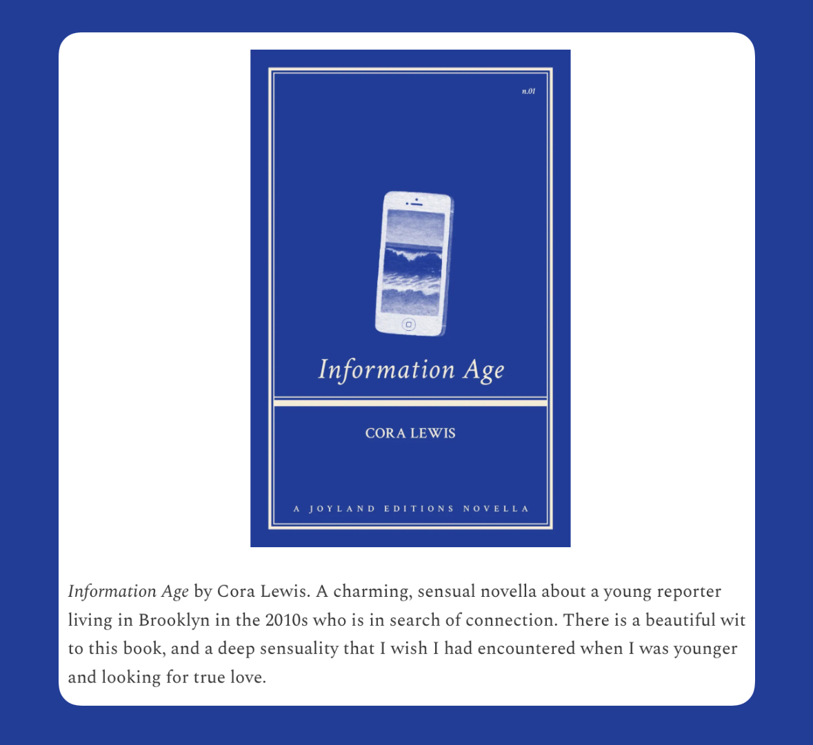 JoylandPub's tweet image. Thank you to Thessaly La Force (@Thessaly) for sharing INFORMATION AGE by Cora Lewis as part of her summer reading list in Lena Dunham's Substack, Good Thing Going. La Force calls INFORMATION AGE "A charming, sensual novella."
goodthinggoing.substack.com