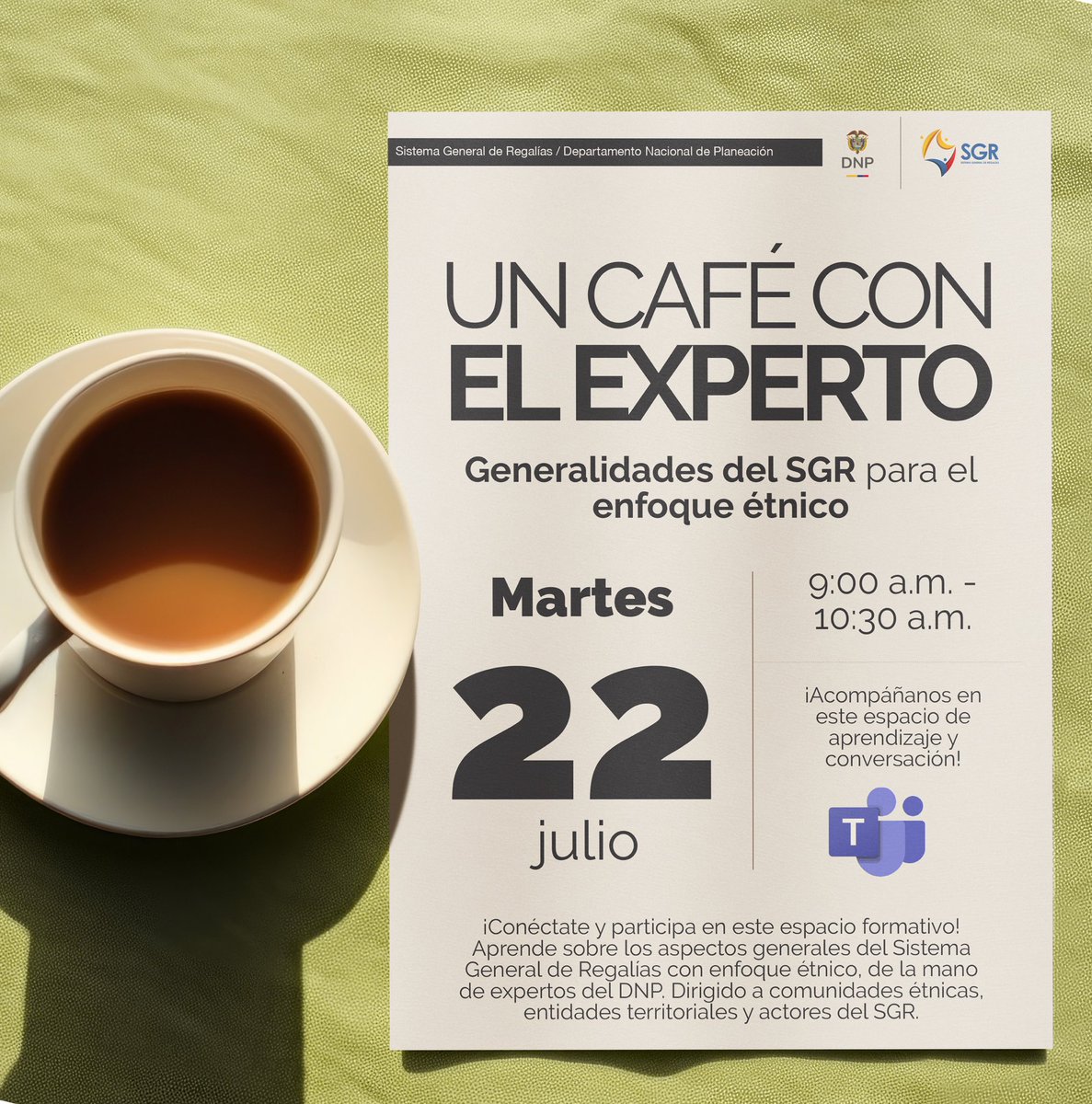 Regalias_gov (@regalias_gov) on Twitter photo 📢 ¿Quieres conocer cómo funciona el Sistema General de Regalías con enfoque étnico?
☕️💰¡Te invitamos a tomarte un café con el experto!
Este martes acompáñanos en un espacio virtual para aprender junto a expertos del <a href="/DNP_Colombia/">dnp_colombia</a> sobre las generalidades del Sistema Genefal 📢 ¿Quieres conocer cómo funciona el Sistema General de Regalías con enfoque étnico?
☕️💰¡Te invitamos a tomarte un café con el experto!
Este martes acompáñanos en un espacio virtual para aprender junto a expertos del <a href="/DNP_Colombia/">dnp_colombia</a> sobre las generalidades del Sistema Genefal