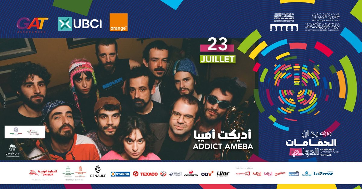 Il 23 luglio arriva al Festival International de Hammamet il collettivo musicale Addict Ameba, uno dei progetti più interessanti della scena underground italiana. 
Con loro  l’attore e cantante Rabii Brahim,ad arricchire un mix di musica afro, jazz, latin e rock.
<a href="/ItalyinTunisia/">Italy in Tunisia</a>