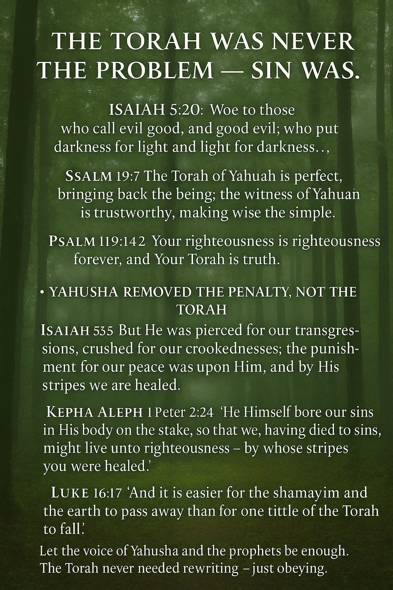 Okiemaday's tweet image. Yahusha took the penalty, not the Law.
He said not one jot or tittle would pass from Torah. (Matt 5:17–18)
The commands are righteous, qodesh, and good.
Sin was the curse — not obedience.
#TorahTruth #Yahusha