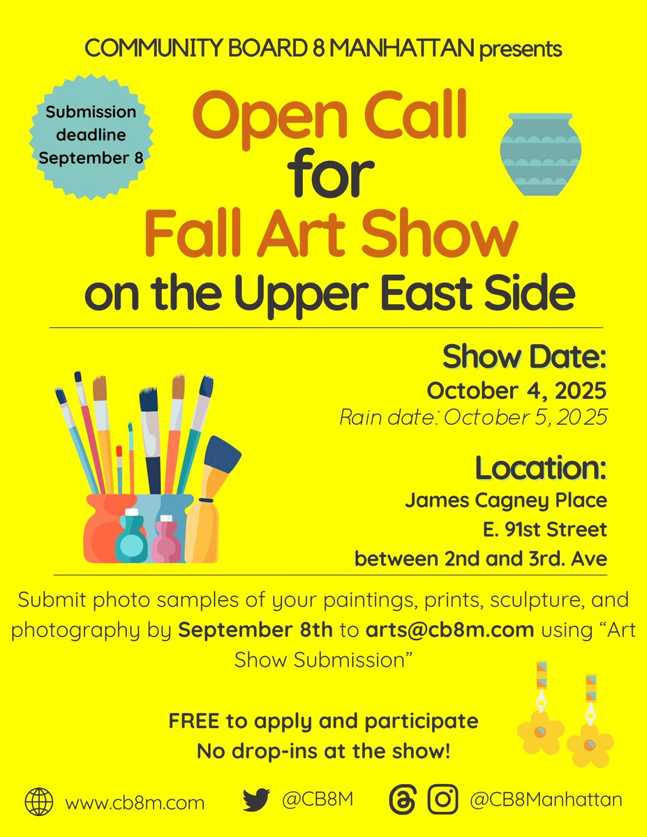 CB8M's tweet image. OPEN CALL: CB8 will be hosting an outdoor art show on October 4th at James Cagney Place. Any artist that is interested in participating should send a sample of their work to arts@cb8m.com with "Art Show Submission" in the title by September 8th.
Help us spread the word!