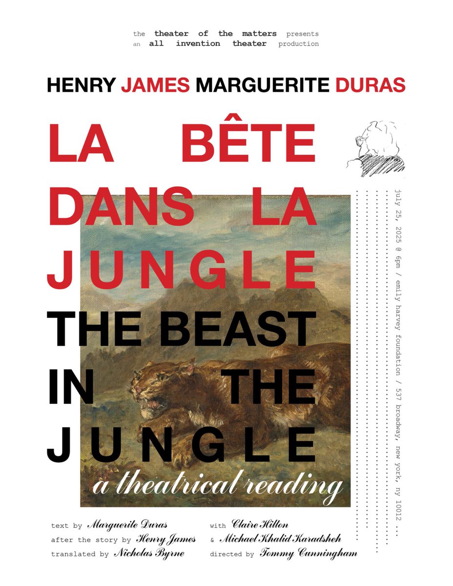 If you are in New York on July 25, don’t miss this one-night-only theatrical reading of M. Duras’ stage adaptation of The Beast in the Jungle, preceded by a screening of Aurélia Steiner (Vancouver).  

Meanwhile, you can read the accompanying text I wrote: theaterofthematters.com/texts/how-soft…
