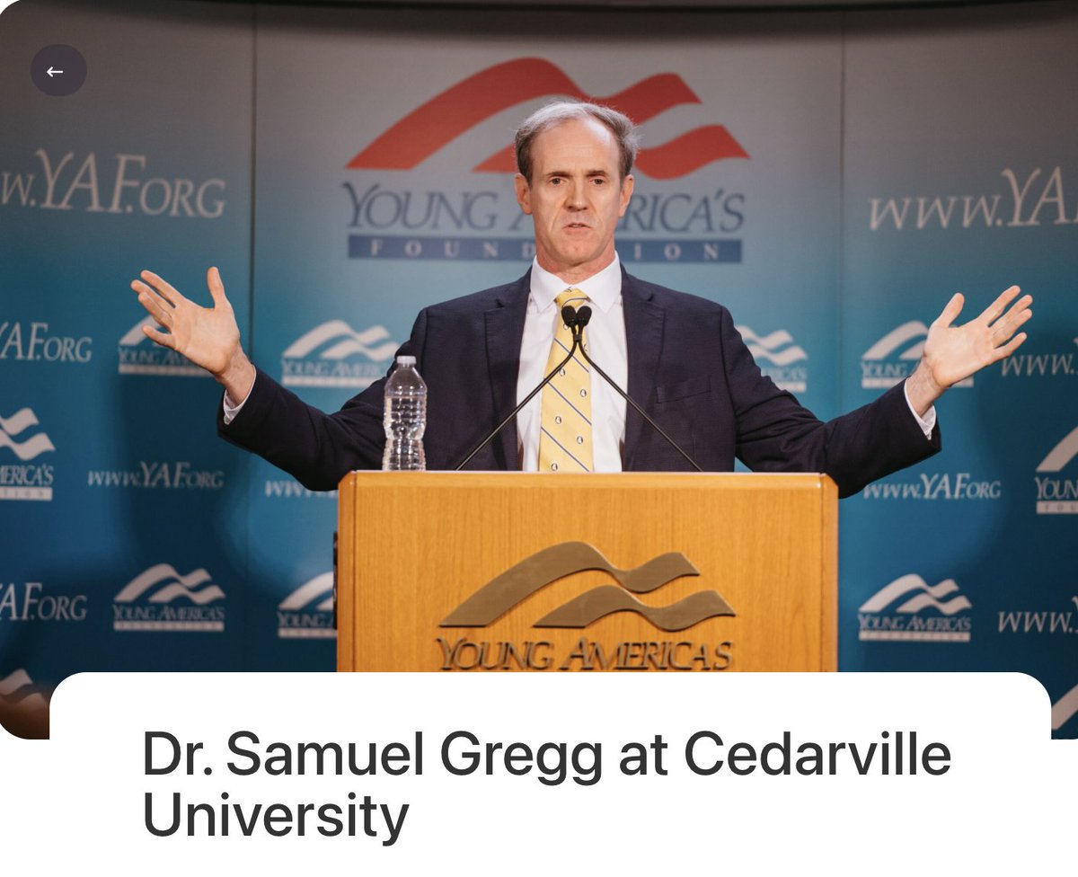 aier's tweet image. Come hear AIER President @DrSamuelGregg speak at a free event at @cedarville at 7:00 PM.
Bring your questions for a Q&A following his talk.
We hope to see you there. yaf.org/events/dr-samu…