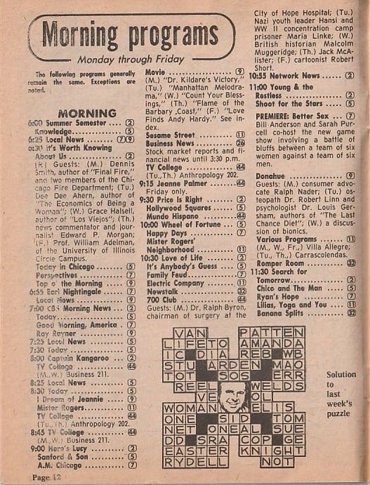 ChicagoTVGuides's tweet image. Morning Programs, this week in 1977.
⭐️ Premiere of 'The Better Sex' with Sarah Purcell
Chicago Sun-Times TV Prevue. July 21, 1977