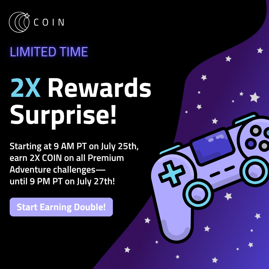 coin_with_us's tweet image. 🎉 SURPRISE 2X COIN WEEKEND! 🤩
From July 25 @ 9 AM PT to July 27 @ 9 PM PT, you’ll earn 2X COIN on all Premium Adventure Challenges! 💥
1. Open Rewarded Play
2. Tap Premium Adventures
3. Complete challenges = 2X COIN!
🎮 Start earning double - my.coinapp.co/applink/premiu…