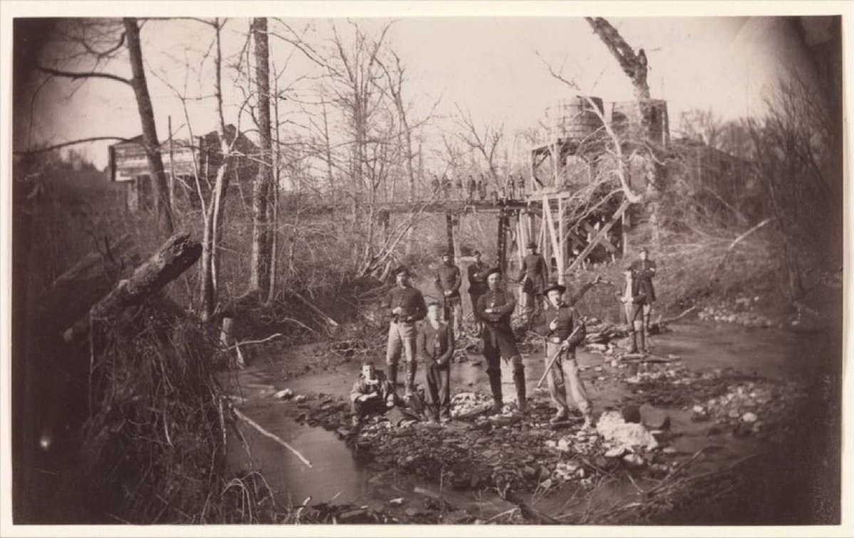historycalendar's tweet image. Soldiers in Creek, Below Orange and Alexandria Rail Road Bridge Across Bull Run. Virginia, 1863.