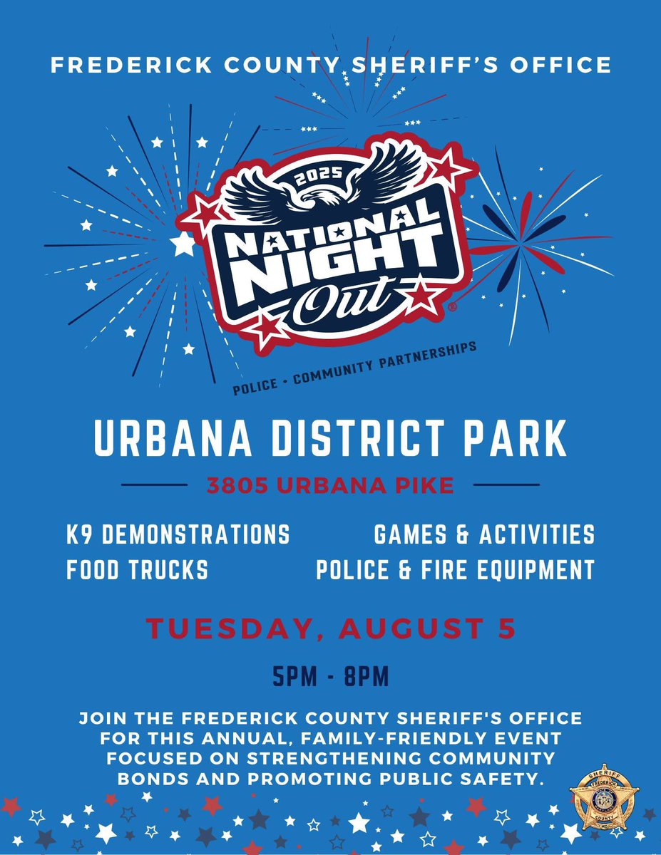 🌟Mark your calendars!🌟

Join the Frederick County Sheriff's Office on Tuesday, August 5th from 5–8 PM at Urbana District Park (3805 Urbana Pike) for our 2025 National Night Out celebration!