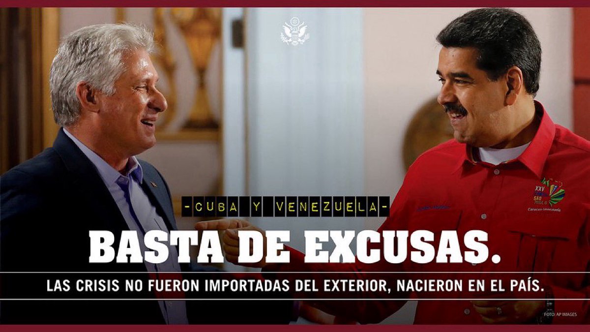 usembassyve's tweet image. Los regímenes dictatoriales no electos de Cuba y de Maduro culpan al mundo de su incompetencia y fracasos, pero estos regímenes se basan en la corrupción, el robo y el caos económico. Ya es hora de exigirles responsabilidades.
- @WHAAsstSecty
