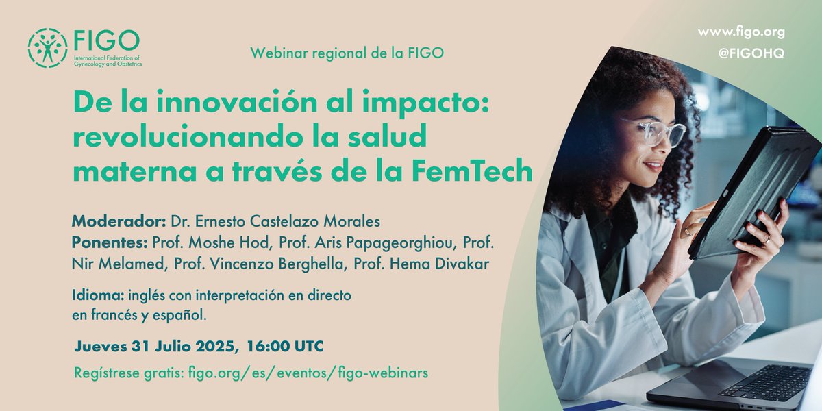 FIGOHQ's tweet image. Las innovaciones emergentes de FemTech están remodelando la salud mundial de las mujeres al abordar las brechas críticas en la atención materna. Únase al próximo seminario web de FIGO, los principales expertos explorarán cómo las tecnologías impulsadas por la inteligencia…