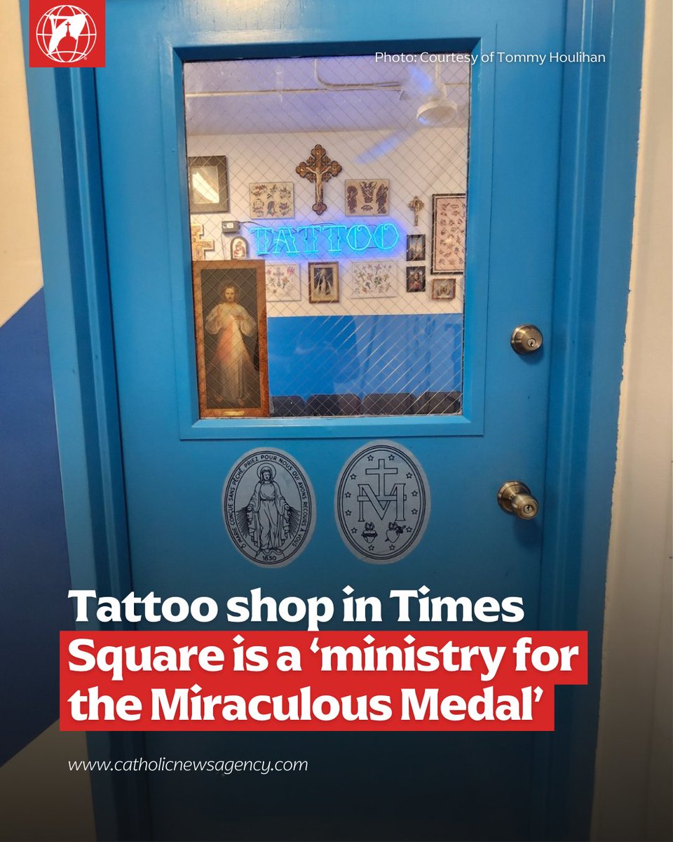 EWTNews's tweet image. In the heart of New York City, nestled among the tall buildings of Times Square, sits a small tattoo shop with two 17-inch signs of the Miraculous Medal hanging outside the front door. Inside, walls of rosaries, crucifixes, and religious images greet visitors, while an old church…