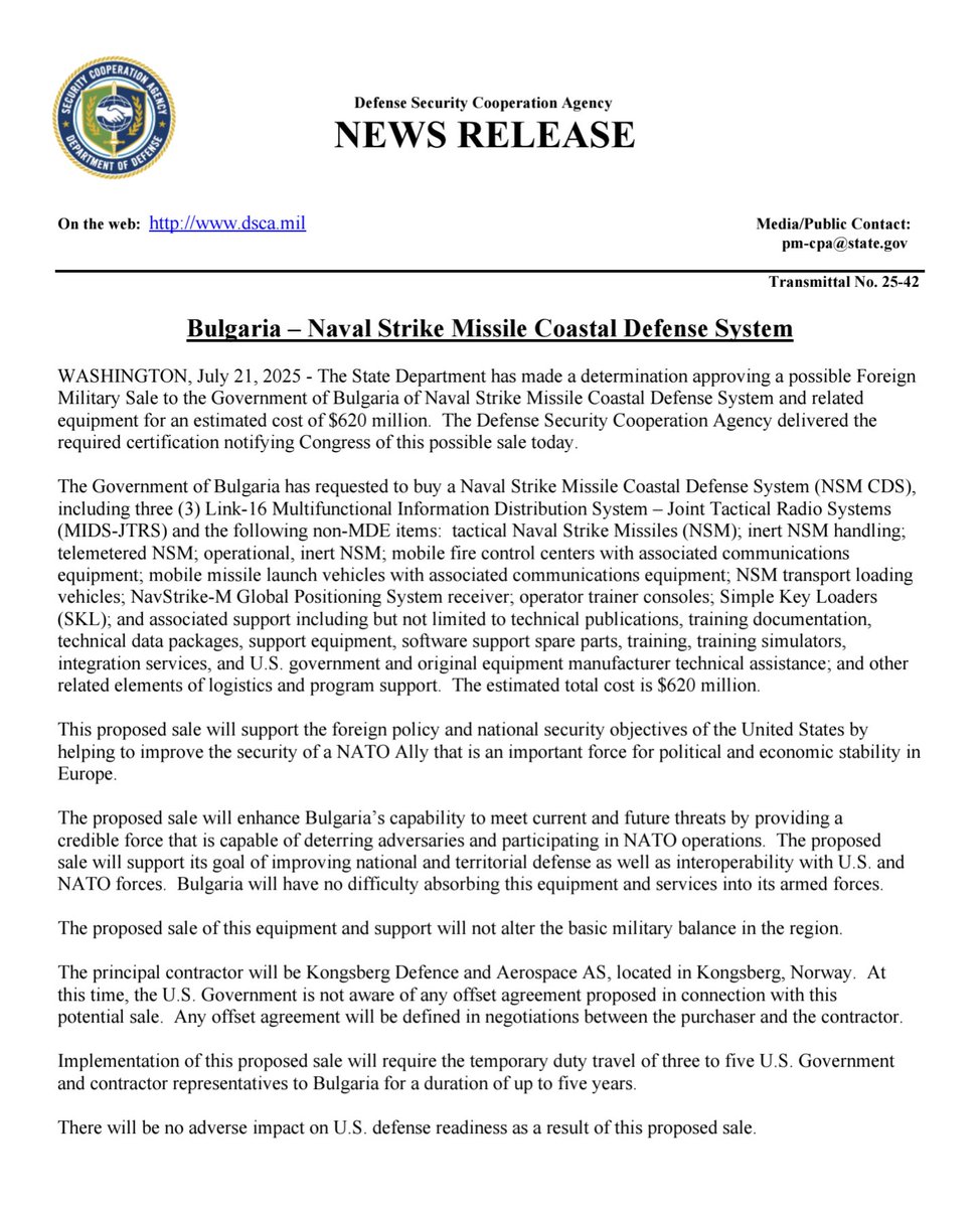ColbyBadhwar's tweet image. 🇺🇸🇳🇴🇧🇬 The US State Department has approved a possible Foreign Military Sale to Bulgaria of a Naval Strike Missile Coastal Defense System, plus associated equipment and services for an estimated cost of $620 million.
The prime contractor would be Kongsberg.
"The description and…