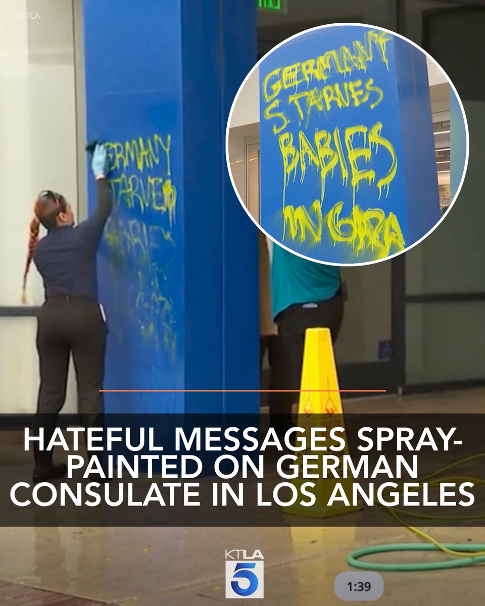 KTLA's tweet image. A hateful message was spray-painted on the German consulate in downtown Los Angeles on Monday morning. Multiple people were seen trying to scrub and powerwash the messages off the walls. Full story: ktla.com/news/local-new…