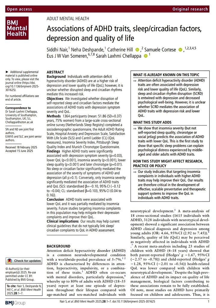 BMJMentalHealth's tweet image. 📣New Research in @BMJMentalHealth 👇🏼
ADHD Traits Lower Quality of Life - Insomnia Plays a Role
New study by authors @unisouthampton & @UvA shows that insomnia (trouble sleeping) partly explains why adults with ADHD traits have a lower quality of life.
Link:…