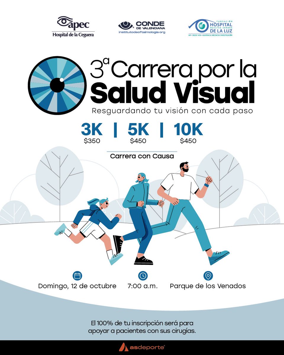👁️Ver el mundo no debería ser un privilegio  Corre en la 3a. Carrera por la Salud Visual 2025 Cada paso que des será una esperanza para quienes hoy no pueden ver con claridad. 

🏃‍♀️Tu esfuerzo puede convertirse en cirugías, tratamientos y una nueva vida para muchas personas.
