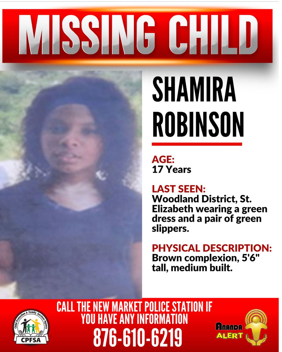 cpfsajm's tweet image. #AnandaAlert
Shamira Robinson, a 17-year-old from Woodland District, St. Elizabeth, has been reported missing. She was last seen on July 15, 2025.
If you have any information that could assist in her safe return, contact the New Market Police or the CPFSA.